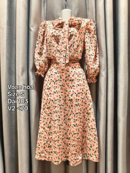 [2hand] Váy voan thu tay lỡ bồng hoa hồng có nơ cổ size S đầm thu 2