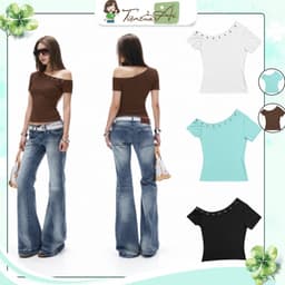Áo Thun Nữ Lệch Vai Đính Viền 8 Khoen Mắt Cáo Tay Ngắn Ôm Dáng 1