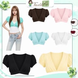 (Có Tách Lẻ) Set Áo Kiểu Nữ Khoác Croptop Cổ V Tay Phồng Đính Nút To và Áo 2 Dây Trơn Màu Trắng 1