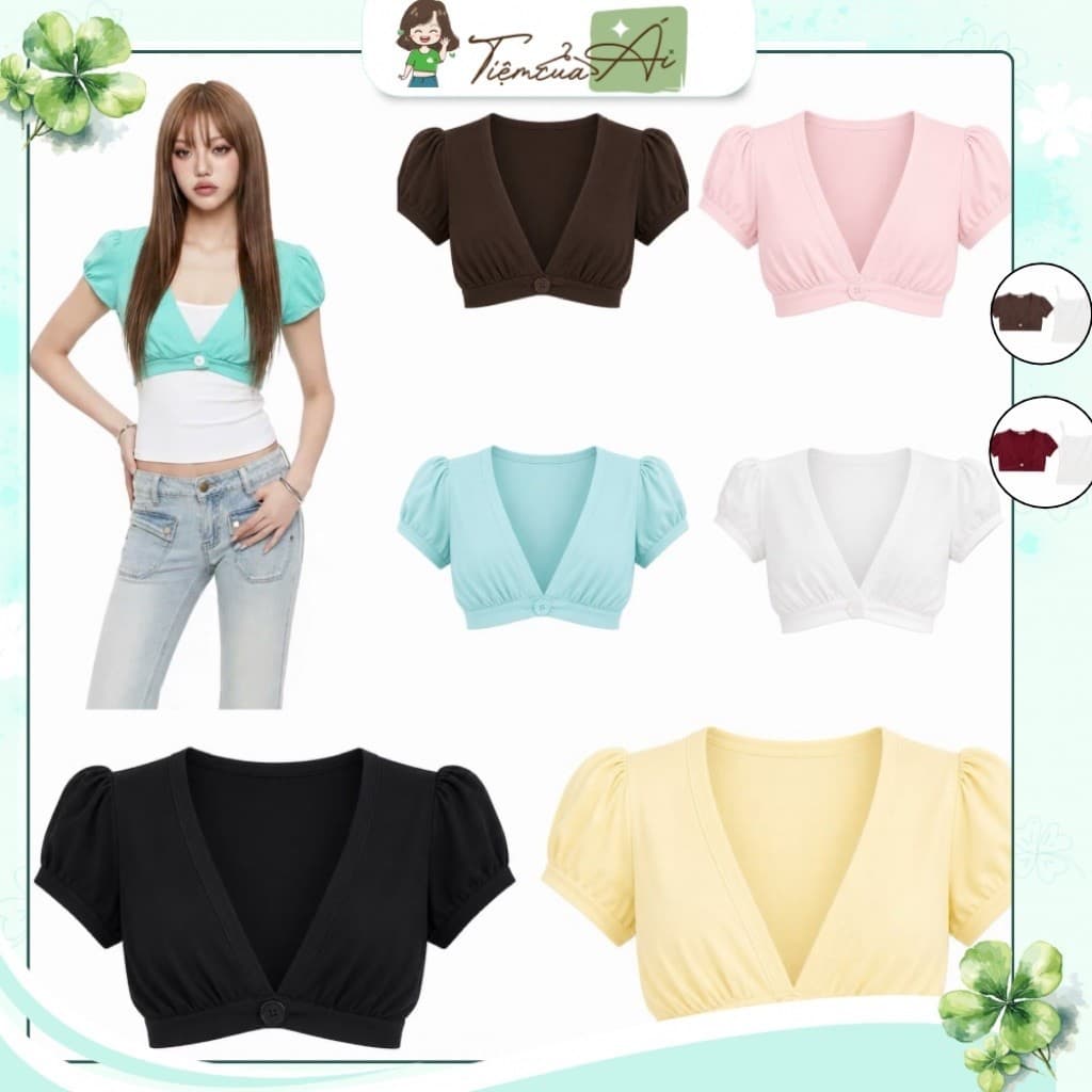 (Có Tách Lẻ) Set Áo Kiểu Nữ Khoác Croptop Cổ V Tay Phồng Đính Nút To và Áo 2 Dây Trơn Màu Trắng