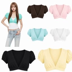 (Có Tách Lẻ) Set Áo Kiểu Nữ Khoác Croptop Cổ V Tay Phồng Đính Nút To và Áo 2 Dây Trơn Màu Trắng 2