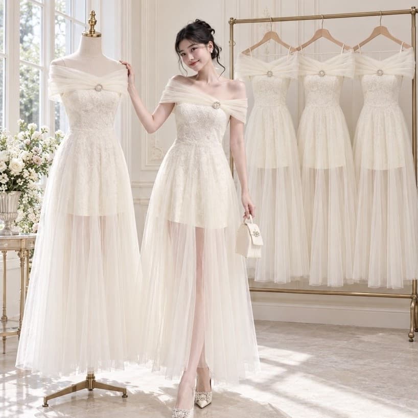 Xukadress_Váy ren lưới cup xoè bẹt vai, váy kem dự tiệc sang chảnh dành cho nữ