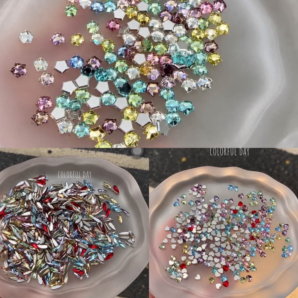 50 Viên Đá Nail Pha Lê Mix Màu Pastel – Giọt Nước, Đa Giác, Trái Tim Lấp Lánh ✨
