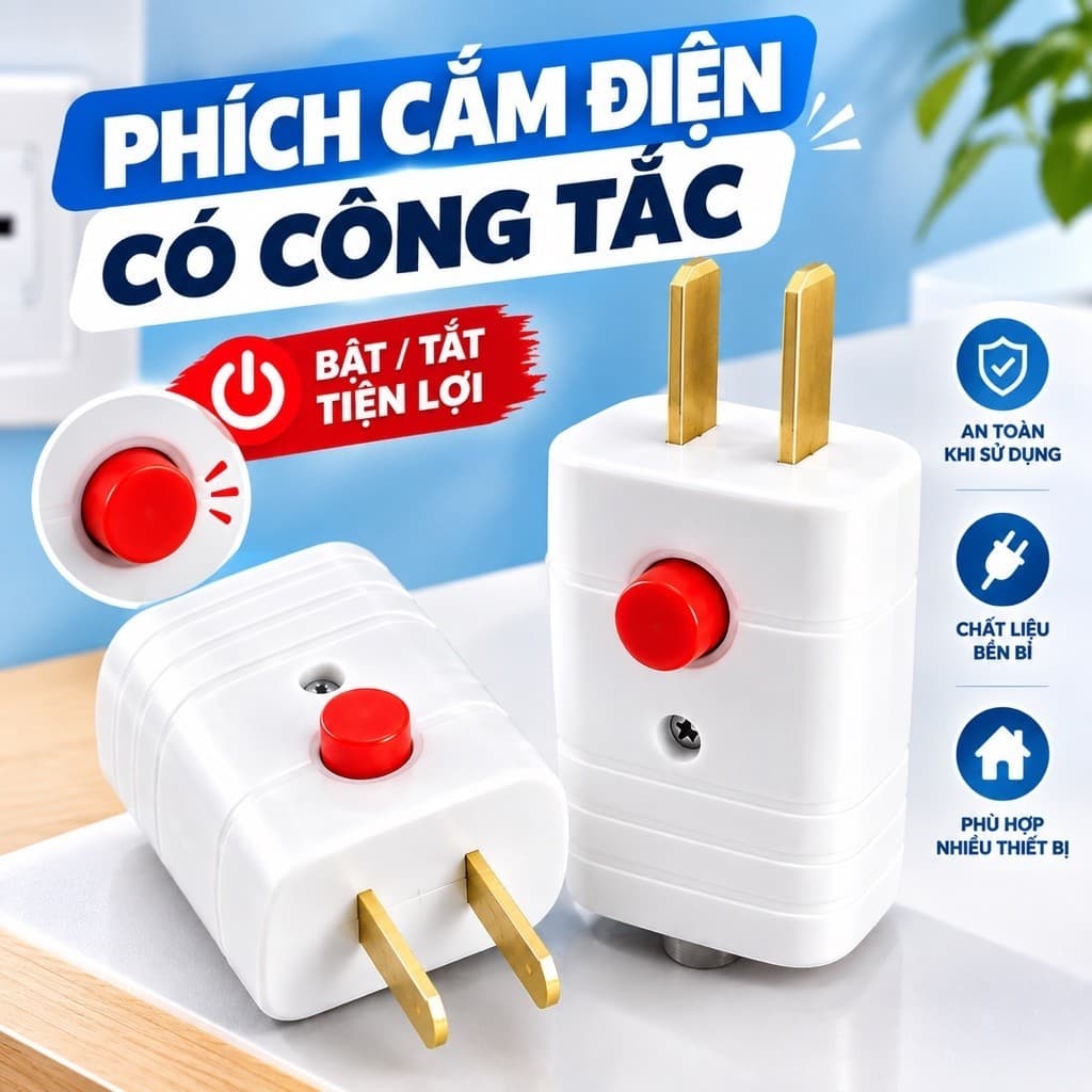 Combo 3 Phích Cắm Điện Có Công Tắc 220V – Nút Bật/Tắt Tiện Lợi, An Toàn Chống Cháy