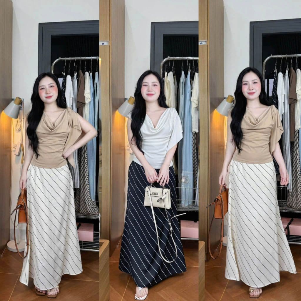 Set thiết kế áo bẹt vai phối phụ kiện khoen cài và chân váy kẻ chéo phom dài