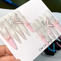 Móng Úp Nailbox Mắt Mèo Mix Hồng Nơ 3D Charm Thánh Giá | Nail Box Handmade Thủ Công – Mellow Nailboxai 1