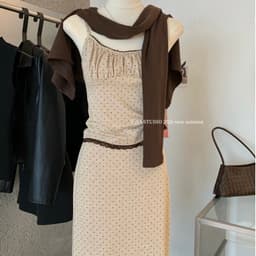 (Dmina 𝐲𝐣𝐢𝐚 )Set Váy 3 món áo 2 dây viền ren kèm cardigan và chân váy chấm bi dài 6