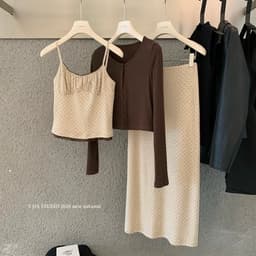 (Dmina 𝐲𝐣𝐢𝐚 )Set Váy 3 món áo 2 dây viền ren kèm cardigan và chân váy chấm bi dài 3