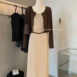 (Dmina 𝐲𝐣𝐢𝐚 )Set Váy 3 món áo 2 dây viền ren kèm cardigan và chân váy chấm bi dài 2