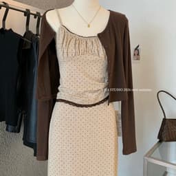 (Dmina 𝐲𝐣𝐢𝐚 )Set Váy 3 món áo 2 dây viền ren kèm cardigan và chân váy chấm bi dài 5