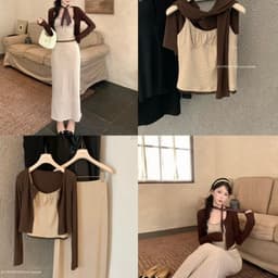 (Dmina 𝐲𝐣𝐢𝐚 )Set Váy 3 món áo 2 dây viền ren kèm cardigan và chân váy chấm bi dài 1