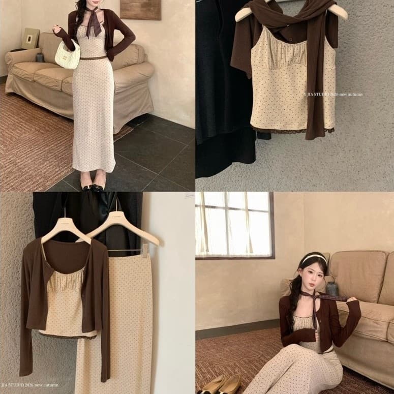 (Dmina 𝐲𝐣𝐢𝐚 )Set Váy 3 món áo 2 dây viền ren kèm cardigan và chân váy chấm bi dài