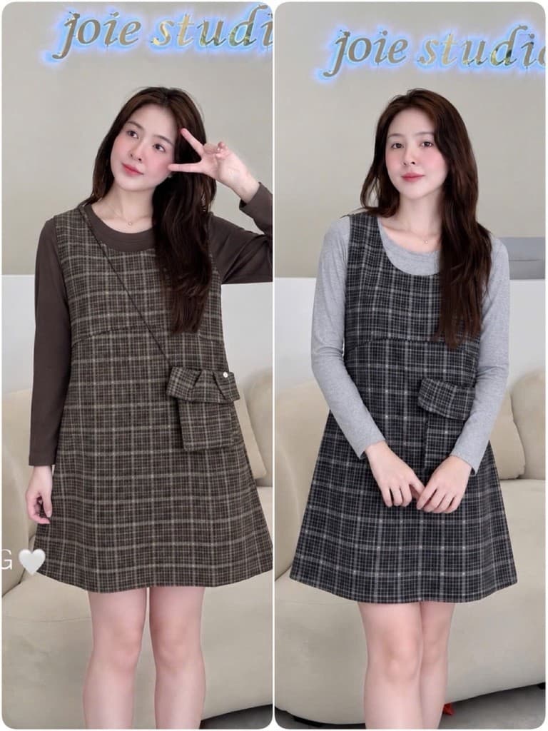 <Đầm Bầu Quynhanhhoue> (QC) Set váy kẻ kèm túi đeo Qc1370 freesize