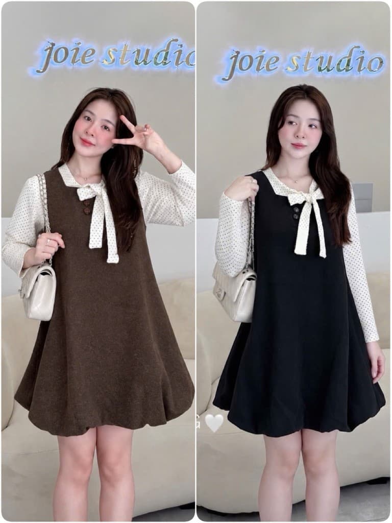 <Đầm Bầu Quynhanhhoue> (QC) Set váy bi nơ cổ Qc1392 freesize
