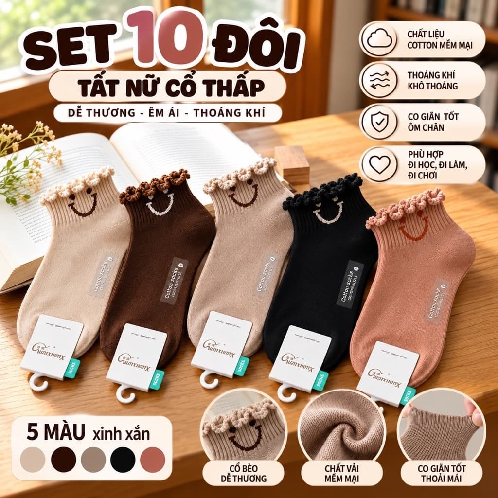 Tất Nữ Cổ Ngắn Họa Tiết Nơ Xinh Xắn – Tất Cotton Mềm Thoáng, Co Giãn Tốt, Phong Cách Hàn Quốc set 10 Đôi