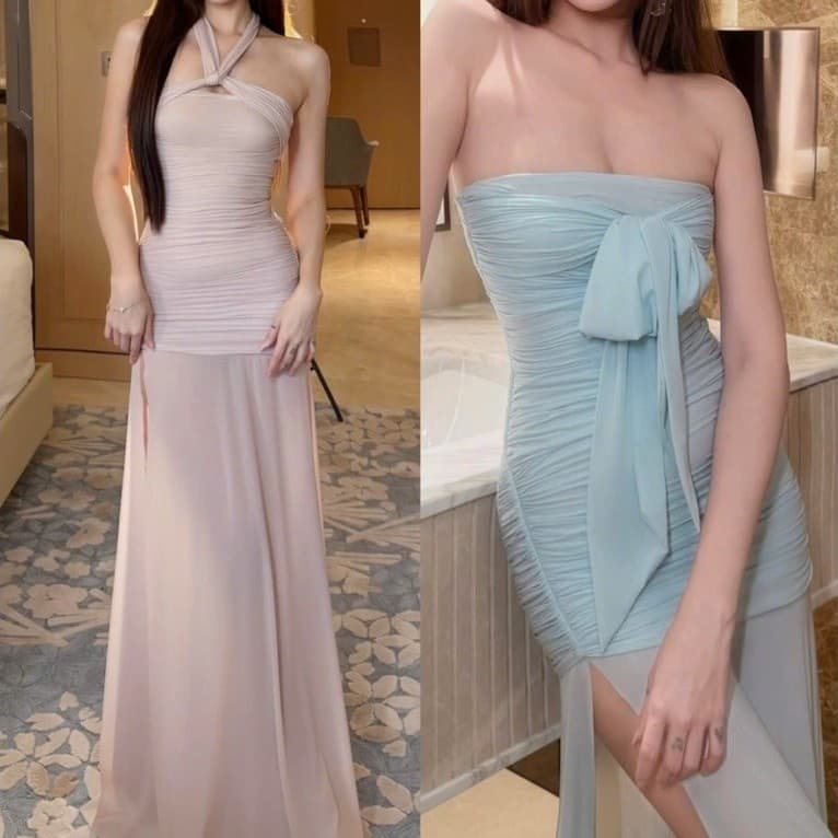 (Dmina)  Đầm Body cúp ngực thắt nơ dáng dài mặc được nhiều kiểu 2 màu ngọt ngào tôn dáng quyến rũ