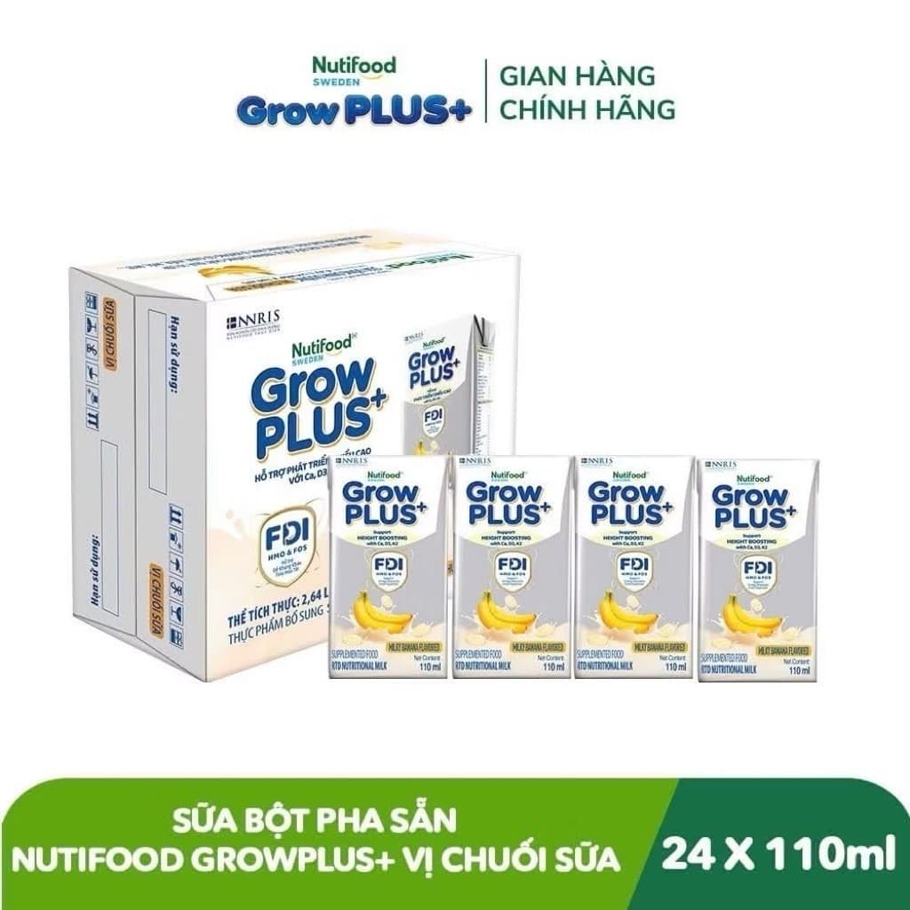 Sữa Pha Sẵn Nutifood Sweden GrowPLUS+ Vị Chuối Sữa 110ml – Thùng 24 Hộp Chính Hãng | Hỗ Trợ Phát Triển Chiều Cao cho bé