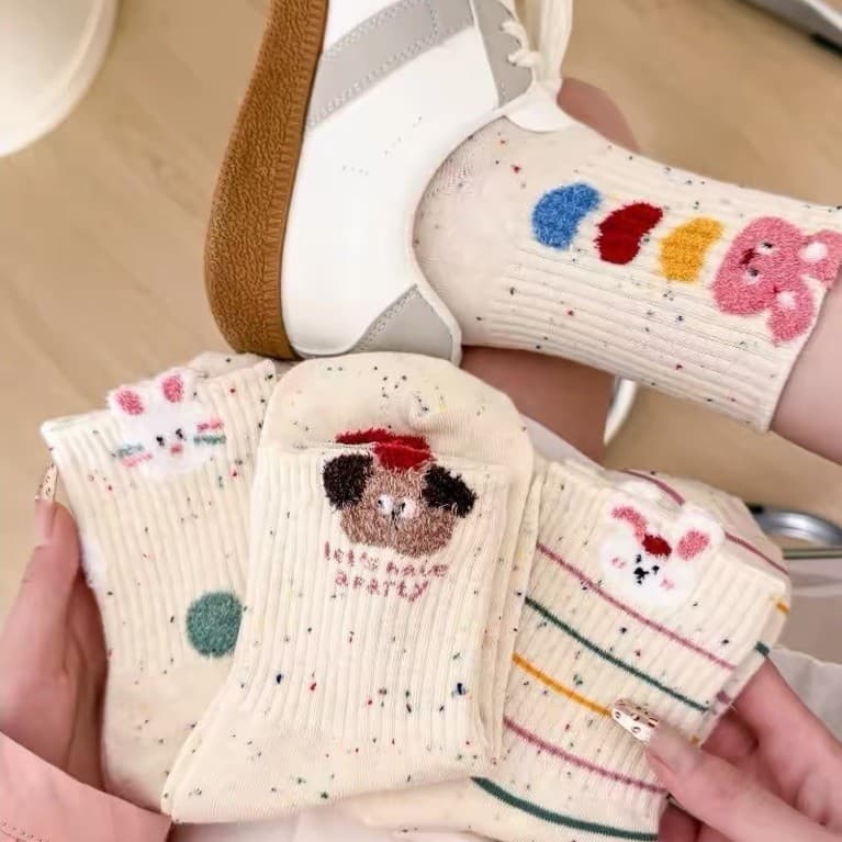 Tất Nữ Cổ Cao Set 10 Đôi Hoạ Tiết Thỏ Hồng Muối Tiêu Chất Cotton