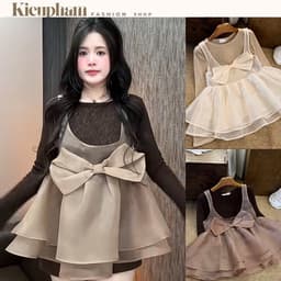 Set Áo Thun Giấy Dài Tay Phối Áo Babydoll Tơ Nơ Lớn Thu Đông Kieupham.shop 1