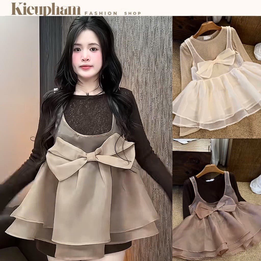 Set Áo Thun Giấy Dài Tay Phối Áo Babydoll Tơ Nơ Lớn Thu Đông Kieupham.shop