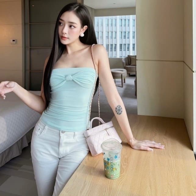 (Dmina) Áo ống quây chất thun thắt nơ ngực ôm body quyến rũ cá tính basic dễ phối đồ