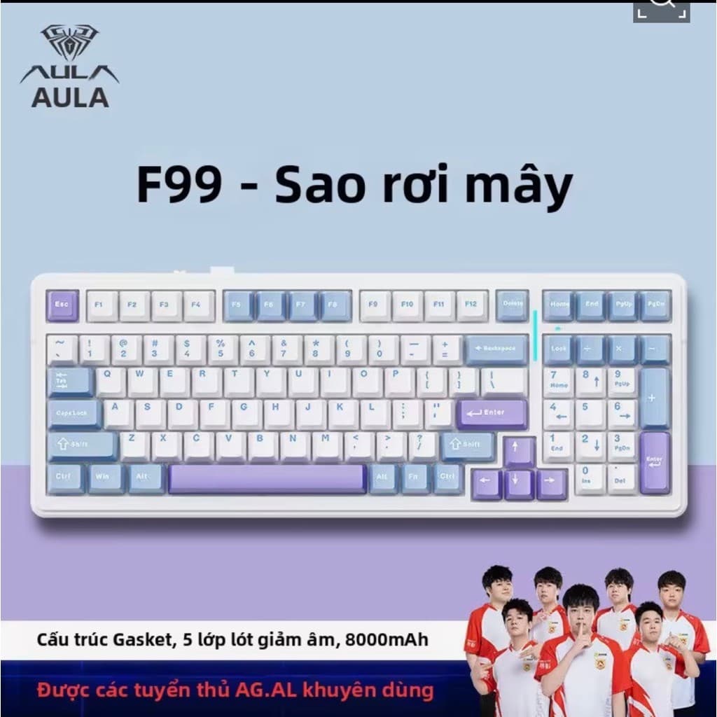 (new-BH 6th)Bàn Phím Cơ Không Dây Aula F99 | 3 Mode kết nối| LED RGB | pin 8000 mAh