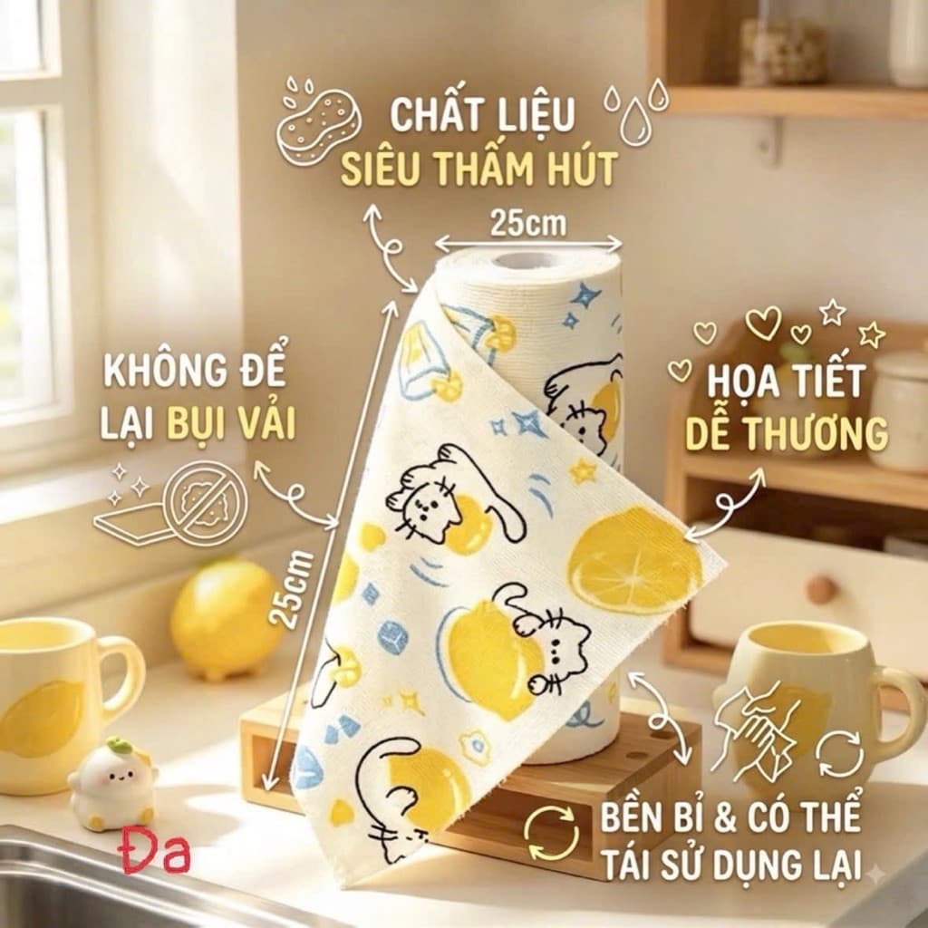 Cuộn Lau Bếp Đa Năng Siêu Thấm Hút Tái Sử Dụng Khăn Lau Kháng Khuẩn Chống Dầu Không Xơ Vải hoạ tiết NHÀ TH
