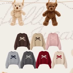 (ROUWANBABY) Áo Len Nữ Cổ Tròn Phối Nơ Chính Giữa Xinh Xắn Nhiều Màu Xám Xanh Kem Đỏ Phong Cách Sangsoo Hàn Quốc 6