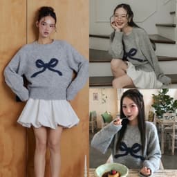 (ROUWANBABY) Áo Len Nữ Cổ Tròn Phối Nơ Chính Giữa Xinh Xắn Nhiều Màu Xám Xanh Kem Đỏ Phong Cách Sangsoo Hàn Quốc 2