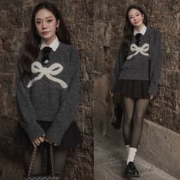 (ROUWANBABY) Áo Len Nữ Cổ Tròn Phối Nơ Chính Giữa Xinh Xắn Nhiều Màu Xám Xanh Kem Đỏ Phong Cách Sangsoo Hàn Quốc 5