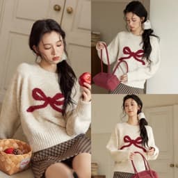 (ROUWANBABY) Áo Len Nữ Cổ Tròn Phối Nơ Chính Giữa Xinh Xắn Nhiều Màu Xám Xanh Kem Đỏ Phong Cách Sangsoo Hàn Quốc 3