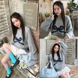 (ROUWANBABY) Áo Len Nữ Cổ Tròn Phối Nơ Chính Giữa Xinh Xắn Nhiều Màu Xám Xanh Kem Đỏ Phong Cách Sangsoo Hàn Quốc 4