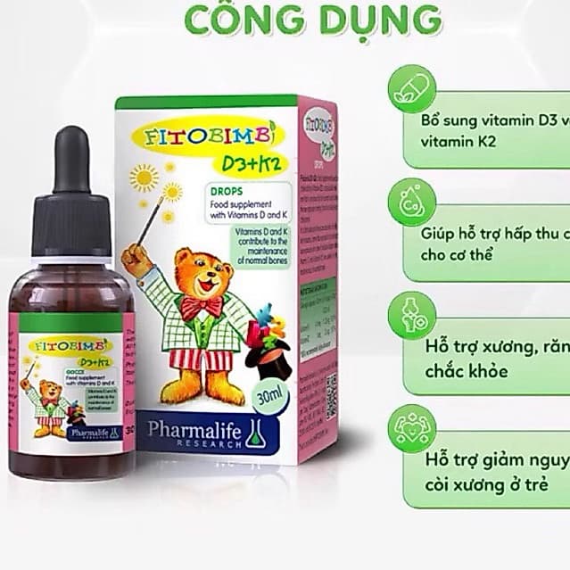 FITOBIMBI D3+K2 30ml - bổ sung vitamin D3 và K2 .giúp hỗ trợ hấp thu canxi cho cơ thể,hỗ trợ xương,răng,còi xương ở trẻ