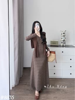 <Đầm Bầu Quynhanhhoue> (QC) #8635 Váy kẻ kèm khăn tay dài  Free sz nâu/ghi Bầu bí bon chen 8