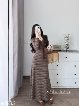 <Đầm Bầu Quynhanhhoue> (QC) #8635 Váy kẻ kèm khăn tay dài  Free sz nâu/ghi Bầu bí bon chen 5