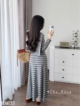 <Đầm Bầu Quynhanhhoue> (QC) #8635 Váy kẻ kèm khăn tay dài  Free sz nâu/ghi Bầu bí bon chen 4