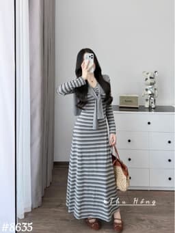 <Đầm Bầu Quynhanhhoue> (QC) #8635 Váy kẻ kèm khăn tay dài  Free sz nâu/ghi Bầu bí bon chen 6