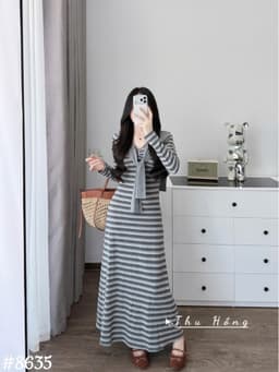 <Đầm Bầu Quynhanhhoue> (QC) #8635 Váy kẻ kèm khăn tay dài  Free sz nâu/ghi Bầu bí bon chen 9