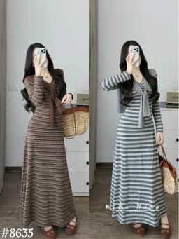 <Đầm Bầu Quynhanhhoue> (QC) #8635 Váy kẻ kèm khăn tay dài  Free sz nâu/ghi Bầu bí bon chen 1