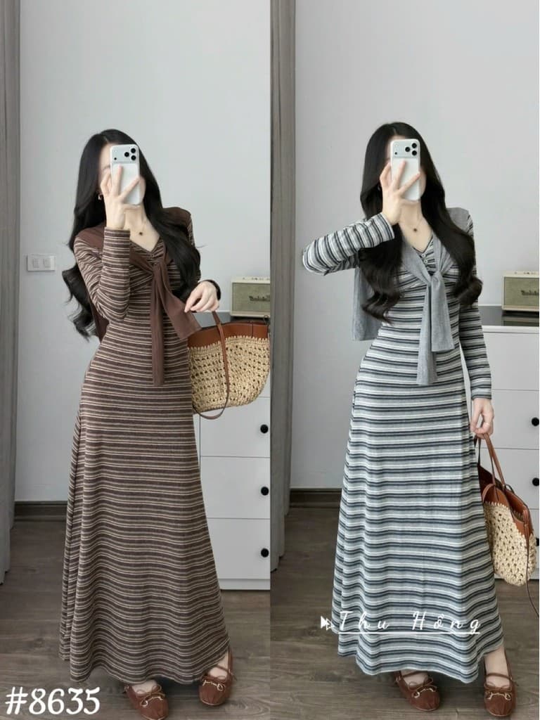 <Đầm Bầu Quynhanhhoue> (QC) #8635 Váy kẻ kèm khăn tay dài  Free sz nâu/ghi Bầu bí bon chen