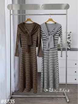 <Đầm Bầu Quynhanhhoue> (QC) #8635 Váy kẻ kèm khăn tay dài  Free sz nâu/ghi Bầu bí bon chen 7