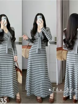 <Đầm Bầu Quynhanhhoue> (QC) #8635 Váy kẻ kèm khăn tay dài  Free sz nâu/ghi Bầu bí bon chen 3