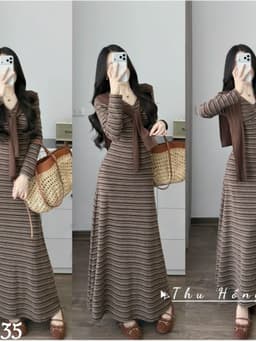 <Đầm Bầu Quynhanhhoue> (QC) #8635 Váy kẻ kèm khăn tay dài  Free sz nâu/ghi Bầu bí bon chen 2