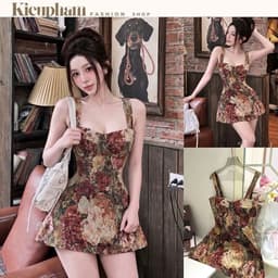 (Hàng 2 Màu) Đầm Nữ 2 Dây Hoa Vintage Dáng Chữ A Ôm Eo Tôn Dáng, Đầm Ngắn Cổ Vuông Thời Trang Nữ Kieupham.shop 1