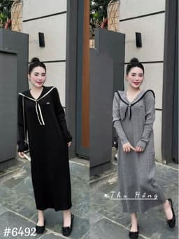 <Đầm Bầu Quynhanhhoue> (QC) #6492 Váy thuỷ thủ xoắn thừng thêu chữ Free sz đen/ghi Bầu bí bon chen 8