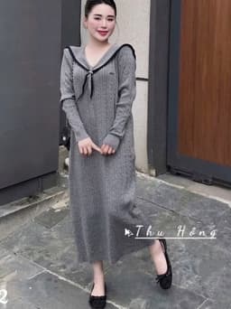 <Đầm Bầu Quynhanhhoue> (QC) #6492 Váy thuỷ thủ xoắn thừng thêu chữ Free sz đen/ghi Bầu bí bon chen 5