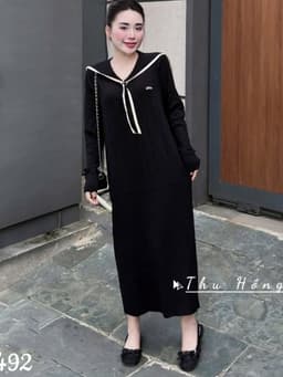 <Đầm Bầu Quynhanhhoue> (QC) #6492 Váy thuỷ thủ xoắn thừng thêu chữ Free sz đen/ghi Bầu bí bon chen 6