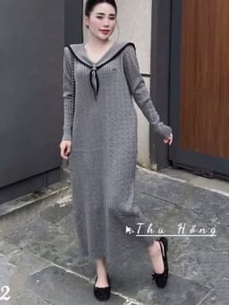 <Đầm Bầu Quynhanhhoue> (QC) #6492 Váy thuỷ thủ xoắn thừng thêu chữ Free sz đen/ghi Bầu bí bon chen 4
