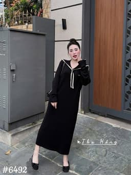 <Đầm Bầu Quynhanhhoue> (QC) #6492 Váy thuỷ thủ xoắn thừng thêu chữ Free sz đen/ghi Bầu bí bon chen 7