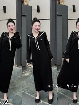 <Đầm Bầu Quynhanhhoue> (QC) #6492 Váy thuỷ thủ xoắn thừng thêu chữ Free sz đen/ghi Bầu bí bon chen 3